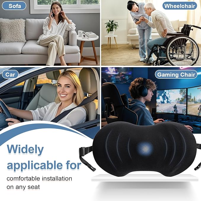 BYMECOST Lumbar Support Pillow for Car, Ergonomic Back Cushion with Strap, Memory Foam Lower Back Support Cushion for Driving, Lumbar Pillow for Pain Relief, for Office Chair, Long Sitting (Black)