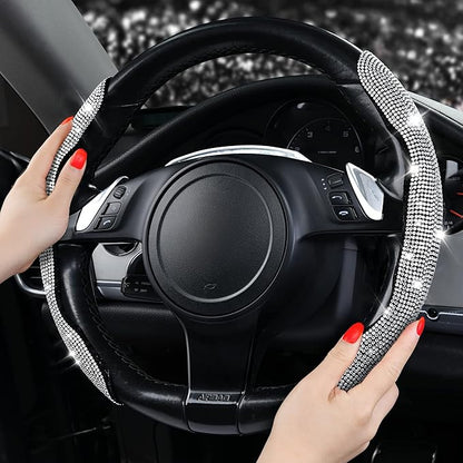 CAR PASS Bling Diamond Segmented Steering Wheel Cover with Crystal Rhinestones, 2PCS Wheel Protector Non-Slip Cute Car Accessories Universal Fit D-Shape O-Shape 14.5" to 16" for Women, Silver Diamond