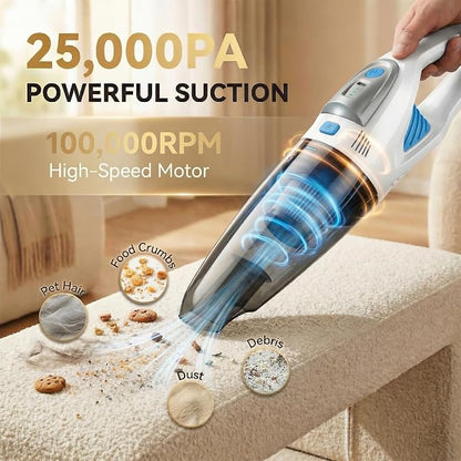 Handheld Vacuum Cordless, 25000Pa Powerful Suction Car Vacuum Portable Cordless with 8000mAh Battery & LED Light, Hand Held Vacuum Rechargeable with HEPA Filters, Home, Car Seats, Pet Hair White