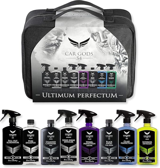 Car Gods 8 Piece Car Cleaning Detailing Kit - Shampoo - Carnauba Wax - Wheel Cleaner - Shine Detailer - Fallout Eliminator - Tyre Serum - Interior Detailer - Glass Cleaner