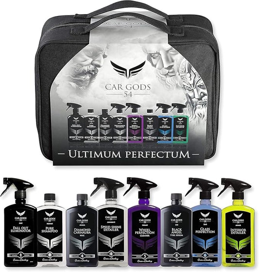 Car Gods 8 Piece Car Cleaning Detailing Kit - Shampoo - Carnauba Wax - Wheel Cleaner - Shine Detailer - Fallout Eliminator - Tyre Serum - Interior Detailer - Glass Cleaner