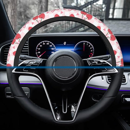 Car Steering Wheel Cover, 14.5"-15" Inch Universal Anti-Slip DurableSteering Wheel Protective Cover, Breathable Auto Interior Decoration Accessories for Sedan SUV Truck (Pink Cherries Bows)