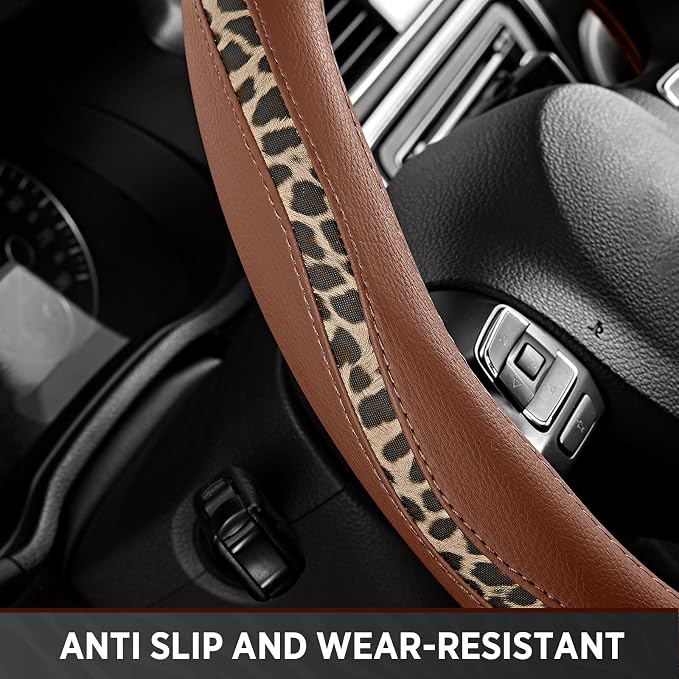 Road Comforts Steering Wheel Cover - Flat Bottom Wheel Cover Made with PVC Leather and Leopard Fabric - Universal Fit for 15-Inch D-Shaped Automotive Steering Wheels (Brown Color)