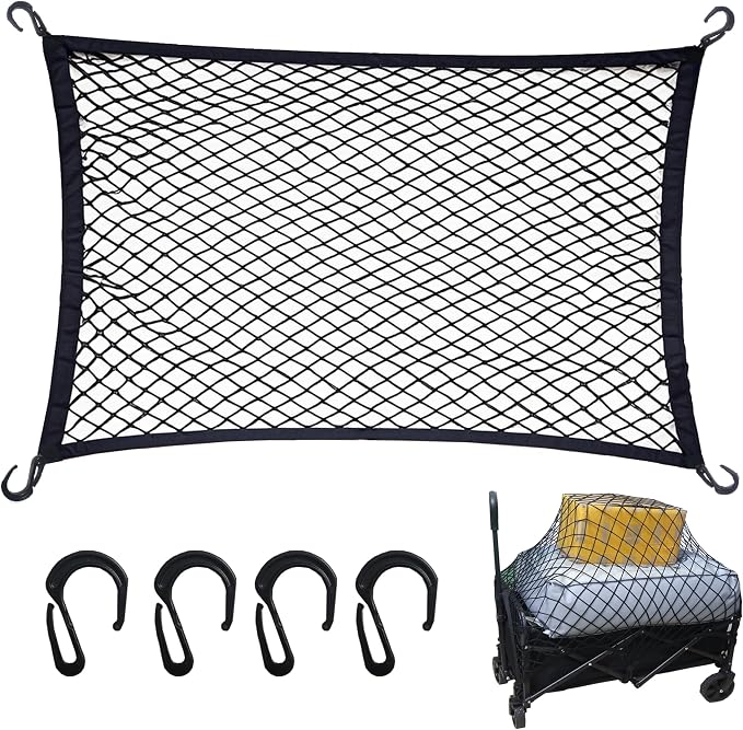 Cargo Net for Utility Folding Wagon, Beach Cart,Trolley Cart, Wagon net Cover,Garden Cart Cover Net - Elastic Heavy Duty Nylon Net with 4 Hooks (35.5"×23.6" to 71"×47") (4)