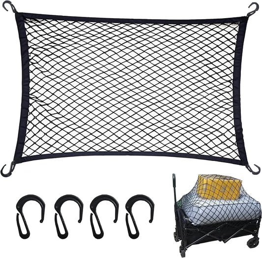 Cargo Net for Utility Folding Wagon, Beach Cart,Trolley Cart, Wagon net Cover,Garden Cart Cover Net - Elastic Heavy Duty Nylon Net with 4 Hooks (35.5"×23.6" to 71"×47") (4)