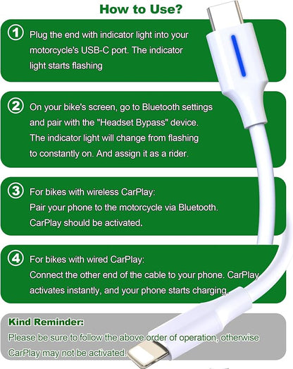 2-in-1 USB-C to USB-C Motorcycle Bluetooth Headset Bypass Adapter | Enable CarPlay without Headset,Work with Harley/Goldwing, Support Charging Your Phone, More Stable than Passthrough Adapters