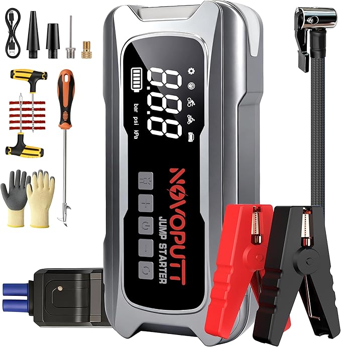 6000A Jump Starter with Air Compressor, PD 65W Fast Recharging,Portable Car Battery Jumper Starter for All Gas &10.0L Diesel, Dual Cylinder Fast Inflator with Light,12V Battery Booster Emergency Kit
