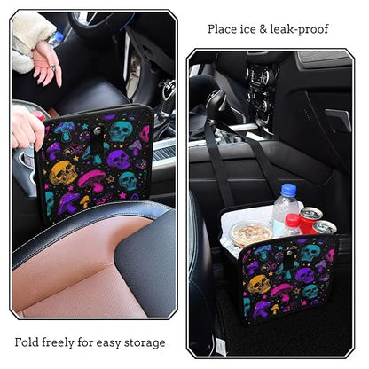 Car Trash Can Organizer Bin with Adjustable Strap for Back Front Seat Console Waterproof Leakproof Collapsible Portable 11 Inch Neon-colored Skulls Stars Mushrooms
