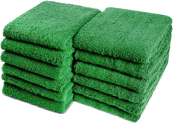 Cotton Towels for Multiple Use, 100% Ring Spun Cotton Towel Set, Heavy Duty - Super Absorbent Cleaning Towels for Car and Home - 16” X 27” (12 Pack, Green)