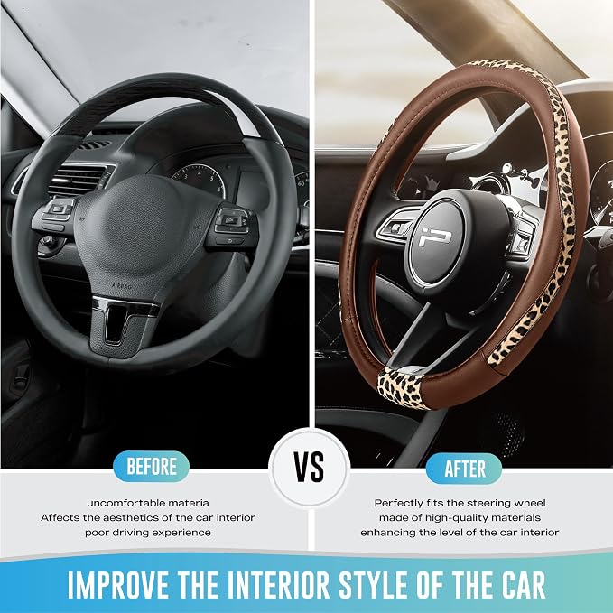 Road Comforts Steering Wheel Cover - Made with PVC Leather and Leopard Fabric - Universal 14 1/2 inches to 15 inches for Most Automotive Steering Wheel - Cheetah Print - Brown