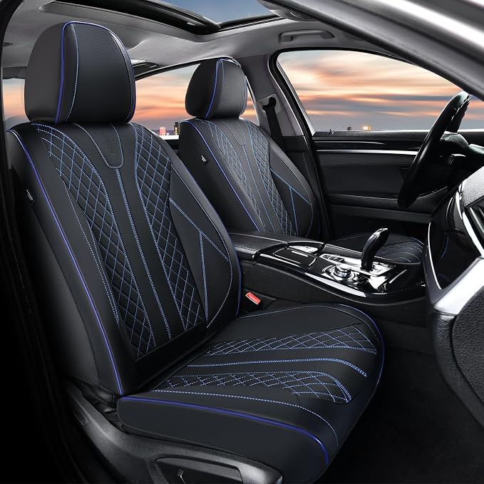 FLORICH Automotive Car Seat Covers Front Seat, Leather Car Seat Cover 2 Pack Waterproof Front Seat Covers Full Coverage Driver Seat Protector Universal Fit for Most Cars SUV Trucks, Black&Blue Line