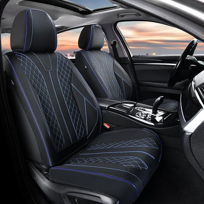 FLORICH Automotive Car Seat Covers Front Seat, Leather Car Seat Cover 2 Pack Waterproof Front Seat Covers Full Coverage Driver Seat Protector Universal Fit for Most Cars SUV Trucks, Black&Blue Line