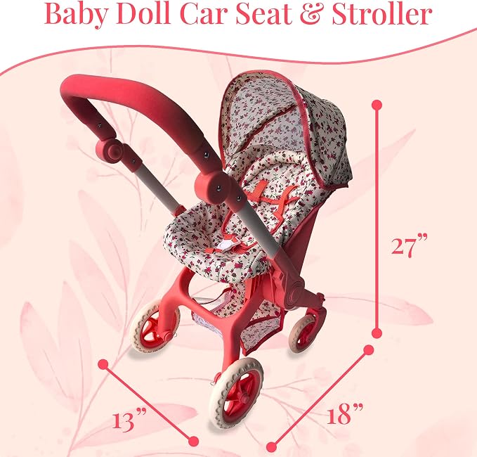 Baby Doll Car Seat Stroller Combo – Convertible 2 in 1 Doll Stroller and Car Seat for Kids – Fits Up to 20” Dolls – Play Toy Baby Stroller with Adjustable Handle for Girls Toddlers All Ages (Floral)