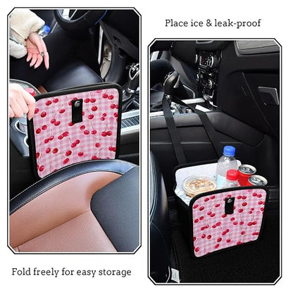 Car Trash Can Organizer Bin with Adjustable Strap for Back Front Seat Console Waterproof Leakproof Collapsible Portable 11 Inch Pink Juicy Checkered Cherry