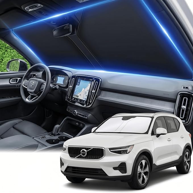 Windshield Sun Shade for Volvo XC40 2019-2025 2026 Double Layer 240T Front Window Shade Custom Fit XC40 Sun Visor Foldable Shade Blocks UV Rays Summer Must Have Car Accessories