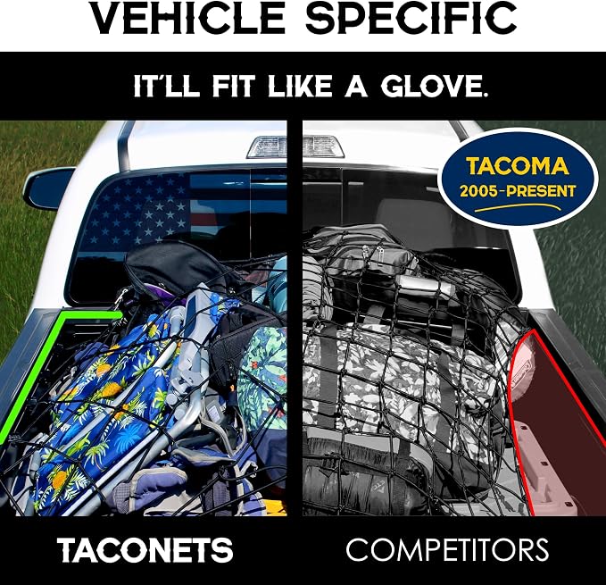 TacoNets Titan Cargo Net for Toyota Tacoma Short Bed - Fits 2005-2026 - Patented Bed Rail Integration - Heavy Duty 8mm Premium Bungee 3'x4' Cargo Netting - Designed in USA