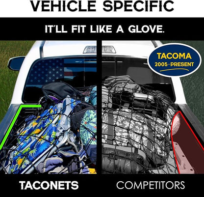TacoNets Titan Cargo Net for Toyota Tacoma Short Bed - Fits 2005-2026 - Patented Bed Rail Integration - Heavy Duty 8mm Premium Bungee 3'x4' Cargo Netting - Designed in USA