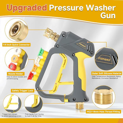 FIXFANS Foam Cannon Gun Dual Connector Accessory for Pressure Washer, Double Tip Attachment Soap Cannon with Power Washer Short Gun, Car Wash Foam Gun Kit, 1/4" Quick Connect, 5 Nozzle Tips