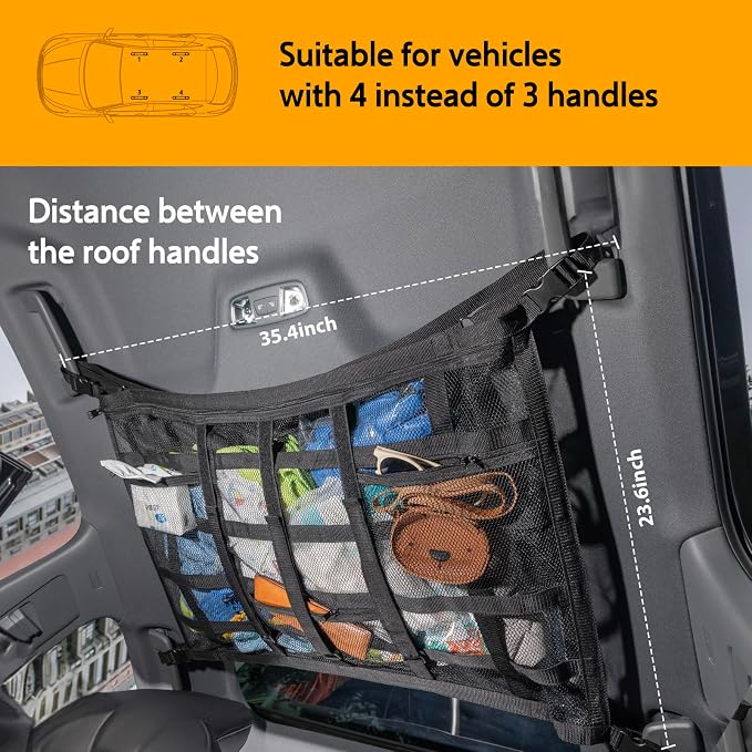 Car Ceiling Cargo Net with 3 Pockets,35.4"x23.6" Car Overhead Storage Mesh Organizer,Double Layer Roof Mesh Camping Overlanding Gear Must Haves Cargo Net,Road Trip Essentials (35.4"x 23.6")