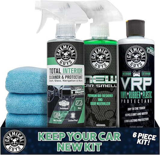 Chemical Guys Keep Your Car New Kit, Ideal for Cleaning and Detailing. Includes New Car Scented VRP, Total Interior, Air Freshener, and 3 Detailing Towels - 6 Piece Kit