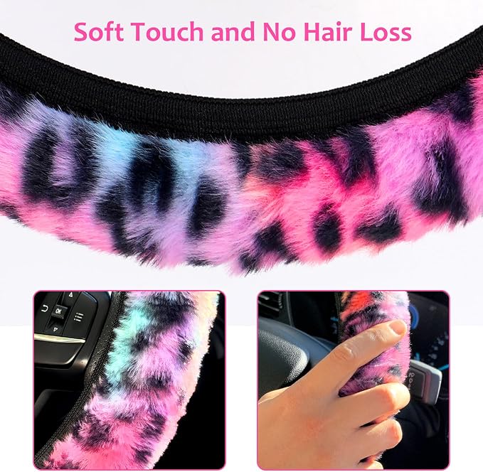 Accmor Fuzzy Car Steering Wheel Cover, Universal Fit Fluffy Auto Wheel Cover & Handbrake Cover & Gear Shift Cover Set, Leopard Print, Car Steering Wheel Cover Protector for Women Girls (Colorful)