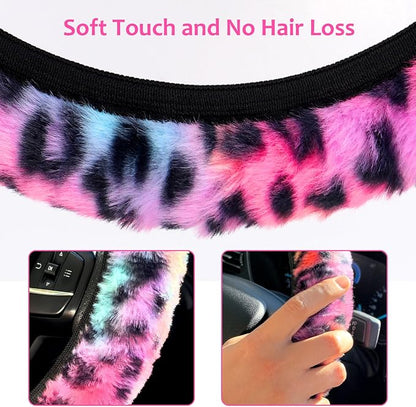 Accmor Fuzzy Car Steering Wheel Cover, Universal Fit Fluffy Auto Wheel Cover & Handbrake Cover & Gear Shift Cover Set, Leopard Print, Car Steering Wheel Cover Protector for Women Girls (Colorful)