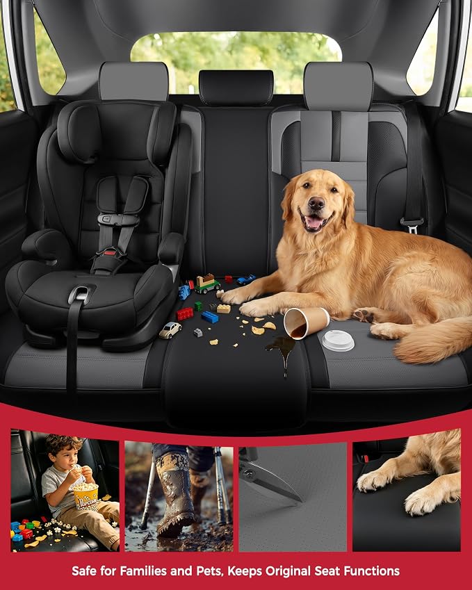 FREESOO Universal Full Seat Covers, Waterproof Faux Leather Automotive Seat Covers with Carbon Fiber Texture Seat Belt Pads, Anti-Slip Airbag Compatible Car Seat Covers for Cars SUVs Trucks