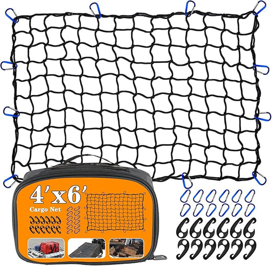Cargo Net 4' x6' Stretches to 8' x 12' Truck Cargo Net for Pickup Truck Bed- Small 4"x4" Mesh Grid Super Duty Bungee Heavy Duty Bed Netting with 12 Adjustable Metal Carabiners by Cenipar