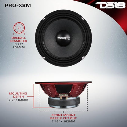 DS18 PRO-X8M Loudspeaker - 8", Midrange, Red Steel Basket, 550W Max, 275W RMS, 8 Ohms - Premium Quality Audio Door Speakers for Car or Truck Stereo Sound System (1 Speaker), Classic