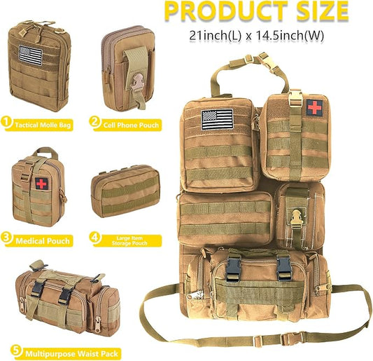 Universal Tactical Car Seat Back Organizer Bag Tactical Molle Vehicle Organizers Panel Vehicle Protector Organizers with 5 Detachable Pouches for Car Truck Ford Jeep (Khaki)
