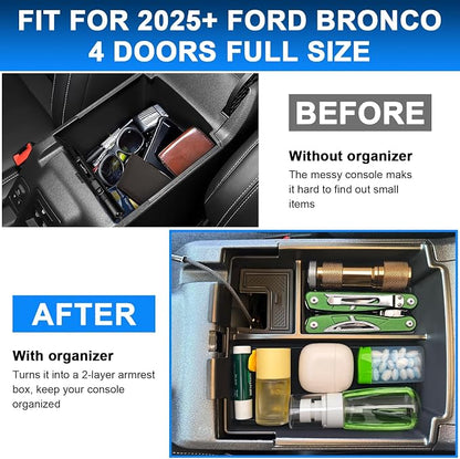 Upgrade Center Console Organizer for Ford Bronco 4 Door 2025 2026 Full Size Armrest Storage Box for Ford Bronco Accessories(Not for 2-Door & Bronco Sport & Manual Transmission)+Sunglasses Holder