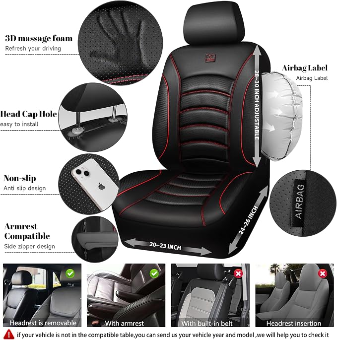 CAR PASS 3D Foam PU Leather Car Seat Covers, Universal Seat Covers Front 2 for Trucks SUV Sedan Automotive Seat Covers Armrest Airbag Compatible Waterproof Comfortable Faux Nappa Leather Black Red