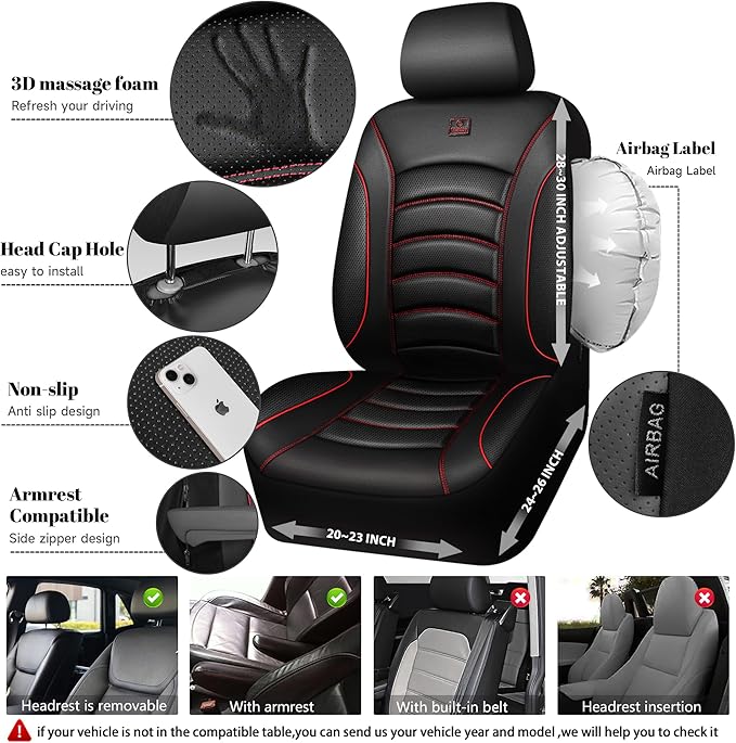 CAR PASS 3D Foam PU Leather Car Seat Covers, Universal Seat Covers Full Sets for Trucks SUV Sedan Automotive Seat Covers Armrest Airbag Compatible Waterproof Comfortable Faux Nappa Leather Black Red