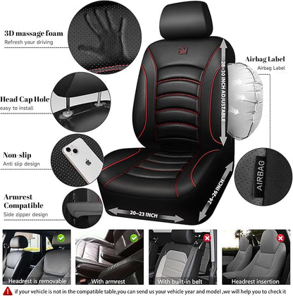 CAR PASS 3D Foam PU Leather Car Seat Covers, Universal Seat Covers Full Sets for Trucks SUV Sedan Automotive Seat Covers Armrest Airbag Compatible Waterproof Comfortable Faux Nappa Leather Black Red