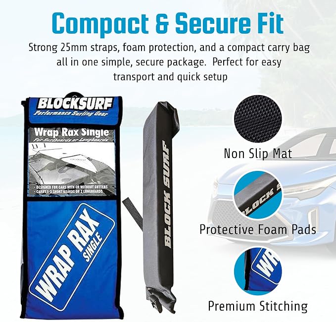 BLOCKSURF Surfboard Roof Rack for Car | Universal Soft Roof Rack for Cars & SUVs | Holds 2-3 Surfboards | Heavy-Duty Straps & Buckles for Highway Speeds | Easy Install & Removal