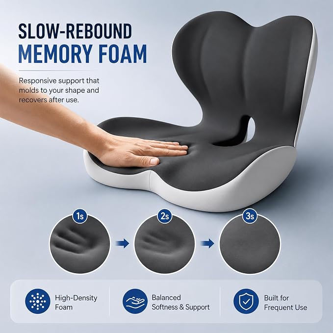 Ergonomic Truck Seat Cushion with Lumbar Support, Wide High-Density Memory Foam for Long Driving Comfort, Contoured Support for Semi Truck, Car & Office Chair