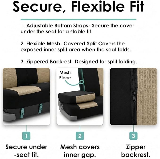 FH Group Automotive Seat Cover Trendy Elegance for Back Seat Begie Car Interior Accessories for SUV, Sedan & Van Universal Fit Combo Rear Seat Cover Split Bench Car Seat Protector for Dogs and Kids