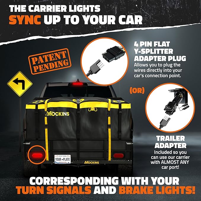 Mockins 60"x24"x14" High Rail Car Trailer Hitch Cargo Carrier w/Rear Lights, Plate Bracket & 30 CuFt Waterproof Hitch Cargo Bag | 500 Lbs. Cap Weatherproof Folding Luggage Rack for SUV Car Truck & RV