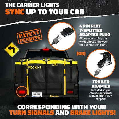 Mockins 60"x24"x14" High Rail Car Trailer Hitch Cargo Carrier w/Rear Lights, Plate Bracket & 30 CuFt Waterproof Hitch Cargo Bag | 500 Lbs. Cap Weatherproof Folding Luggage Rack for SUV Car Truck & RV