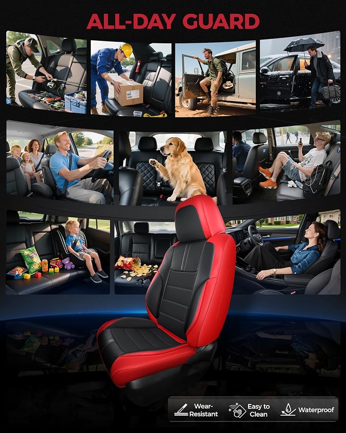 FREESOO Universal Full Seat Covers, Waterproof Faux Leather Automotive Seat Covers with Carbon Fiber Texture Seat Belt Pads, Anti-Slip Airbag Compatible Car Seat Covers for Cars SUVs Trucks