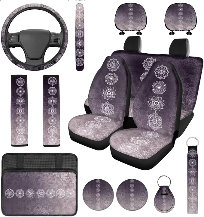 14 Pcs Art Mandala Car Seat Covers Full Set Car Steering Wheel Cover,Seat Belt Covers Cup Holder with Keychain,Novelty Design Gradient Color Automotive Protector Set Universal Fit,Purple