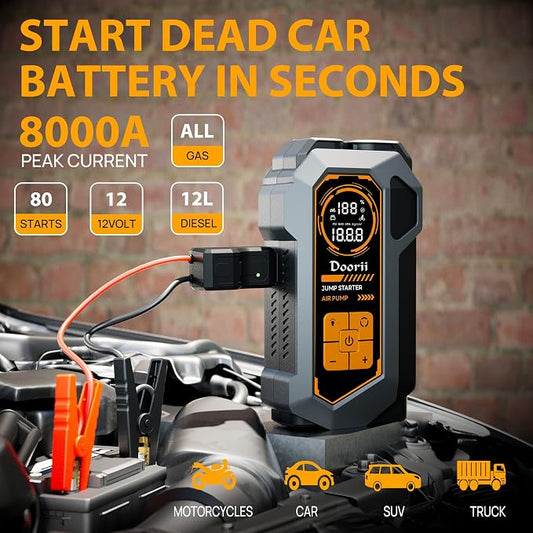 8000A Jump Starter with Air Compressor, Car Jumper Starter Portable, 150PSI Tire Inflator/Air Pump, LED Flashlight for Up to All Gas / 12.0L Diesel Engines
