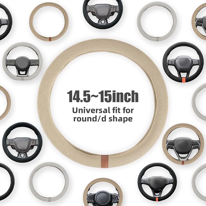 Universal Car Steering Wheel Cover for Summer, Non-Slip Breathable Cooling Steering Wheel Cover Protector with Brown Mark Upgraded Silicone Inner Ring for Summer D Shape & Round Shape, Khaki