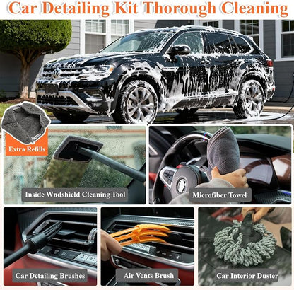 21Pcs Car Wash Kit with 60" Heavy-Duty Extension Pole, Soft Car Wash Brush, Wheel & Tire Brush, Scratch-Free Car Mop Mitt & Window Squeegee, Detailing Tool for Car Exterior & Interior Cleaning