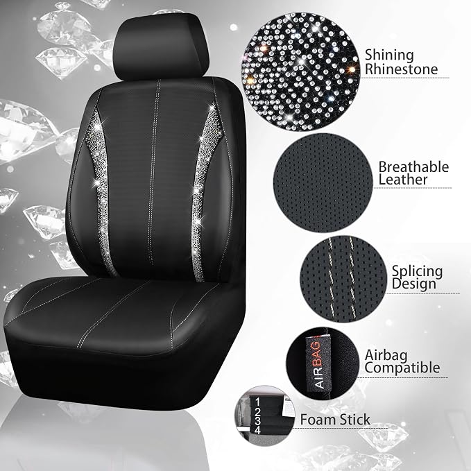 CAR PASS Leather Bling Diamond Car Seat Covers Front & Waterproof Rhinestone Car Floor Mats 4pcs & Sparkly Steering Wheel Cover 15' Universal Shining Interior Sets for 95% SUV Cute Women Black Silver