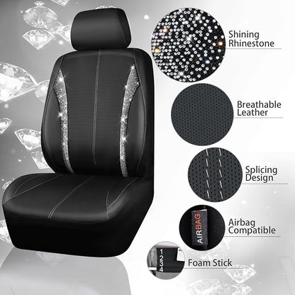 CAR PASS Leather Bling Diamond Car Seat Covers Front & Waterproof Rhinestone Car Floor Mats 4pcs & Sparkly Steering Wheel Cover 15' Universal Shining Interior Sets for 95% SUV Cute Women Black Silver