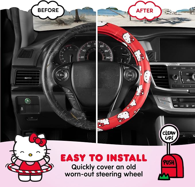 Hello Kitty Steering Wheel Cover Official Sanrio Car Accessory Universal Size 14.5 to 15 Inch Cute Red Design for Women Girls Sedans SUVs Trucks, Anti-Slip Grip, Stretch-Fit Design