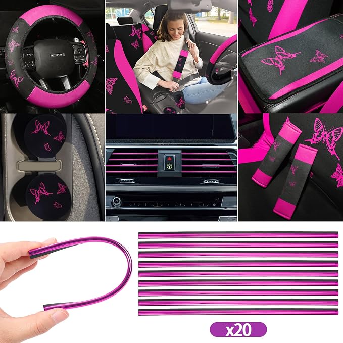 BBTO 43 Pcs Butterfly Car Seat Full Set Butterfly Car Accessories for Women 5 Front Rear Seat Covers Wrist Strap 2 Pcs Cup Mat Armrest Pad 2 Belt Xmas Cover Accessories for SUV(Rose, Black)