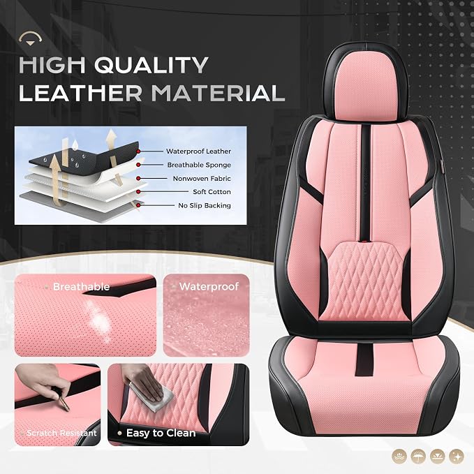 Coverado Leather Seat Cover Full Set, Waterproof Car Seat Covers with Lumbar Support, Front and Rear Seat Covers for Car, Universal Car Seat Protectors Car Seat Cushion Fit for Most Cars (Black&Pink)