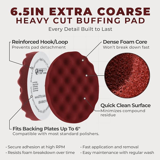 TCP Global 6.5" Red Waffle Foam Buffing Pad Hook and Loop Backing - Heavy Cut Pad for Polishing, Automotive, Marine, Truck, RV & Compound Cutting, Car Polishing Pads
